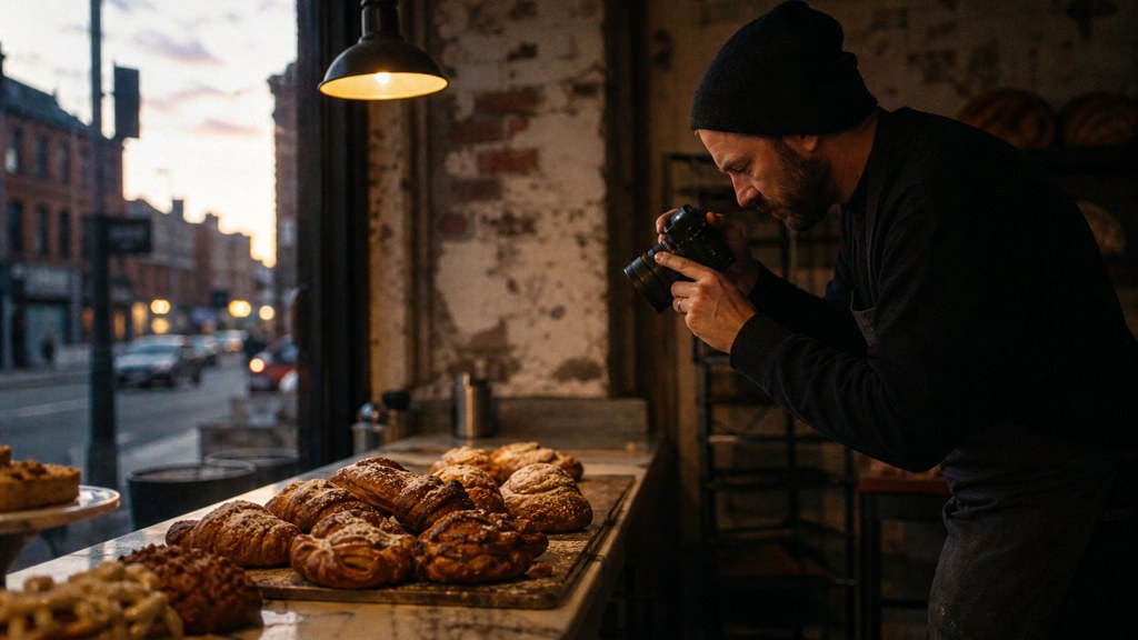 A bakery owner photographing a tray of pastries on a marble counter at dawn, photographed in Manchester