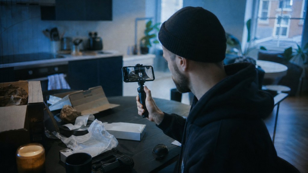 A customer filming an unboxing on a kitchen table strewn with packaging, photographed in Manchester