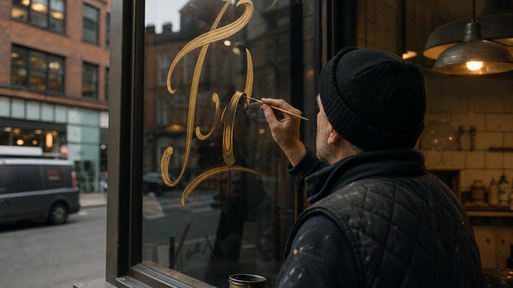 A sign painter finishing gold lettering on a shopfront window from the street side, photographed in Manchester