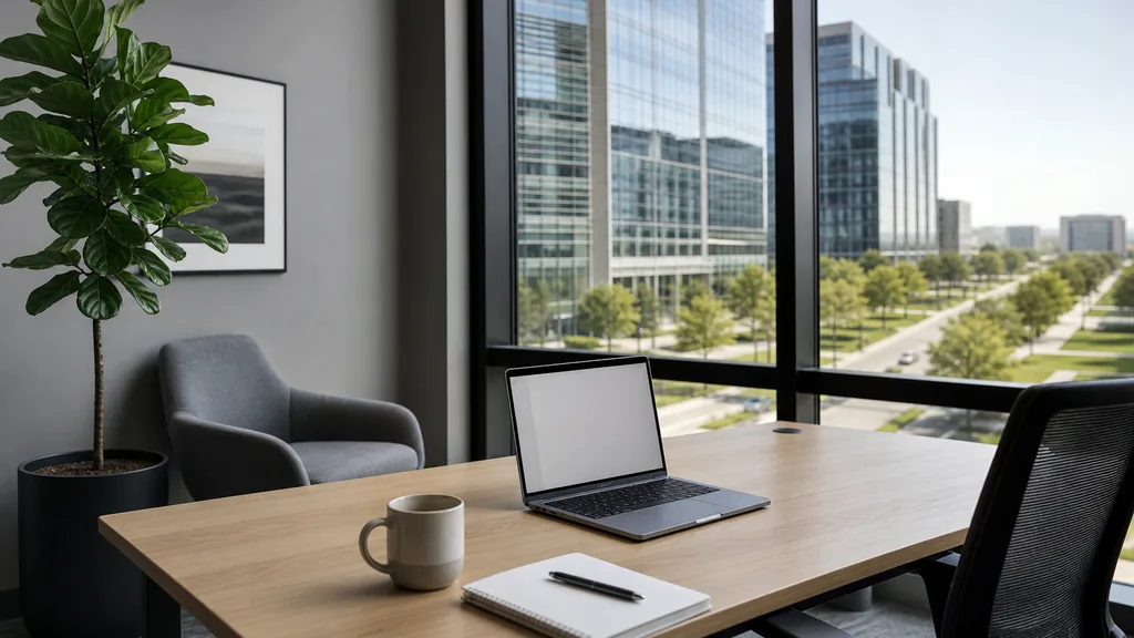 Editorial photograph of an empty modern B2B agency workspace in a Frisco Texas low-rise office with a laptop showing a blank dashboard, a notebook and a ceramic mug on a pale oak desk, soft grey walls and black steel window frames, tall windows onto a wide landscaped boulevard and young live oak trees, and a potted fiddle leaf fig, lit by cool bright morning light