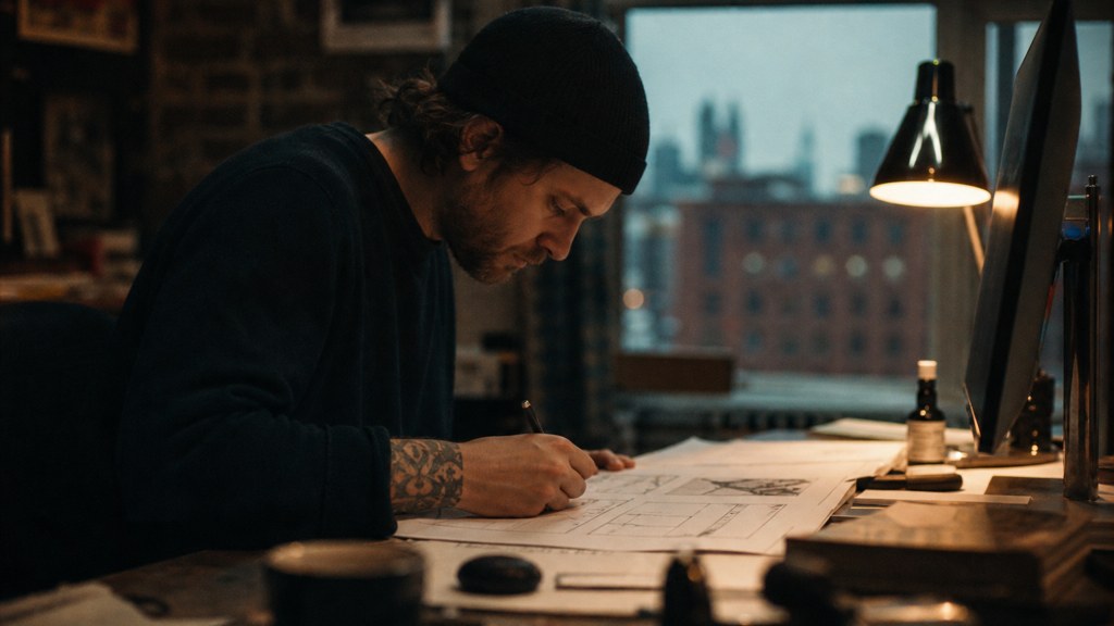 A studio designer sketching a page layout on paper beside a monitor in a dim room, photographed in Manchester
