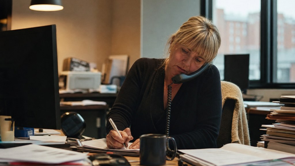 An office manager at a cluttered desk with a landline handset tucked under one ear, photographed in Manchester