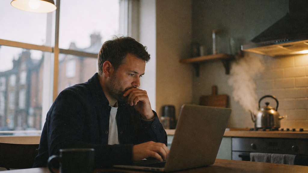 A service-business owner at a kitchen table typing a question into a laptop while a kettle steams behind, photographed in Manchester
