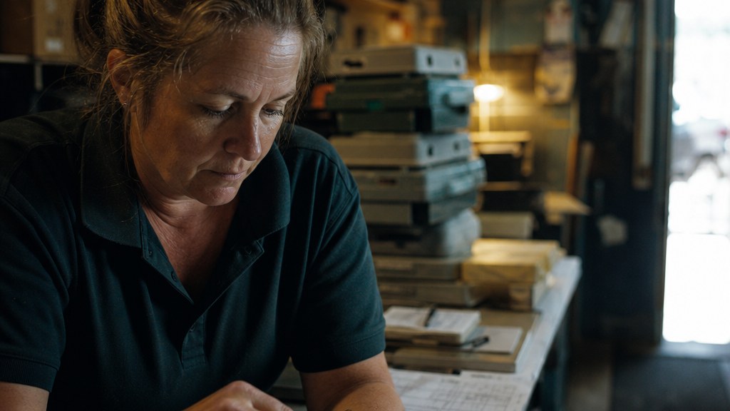 Pest control office manager reading a booking form on a phone at a depot counter