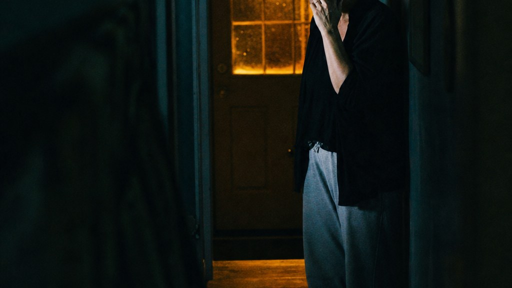 Homeowner on a phone in a dim hallway with the porch light on behind her