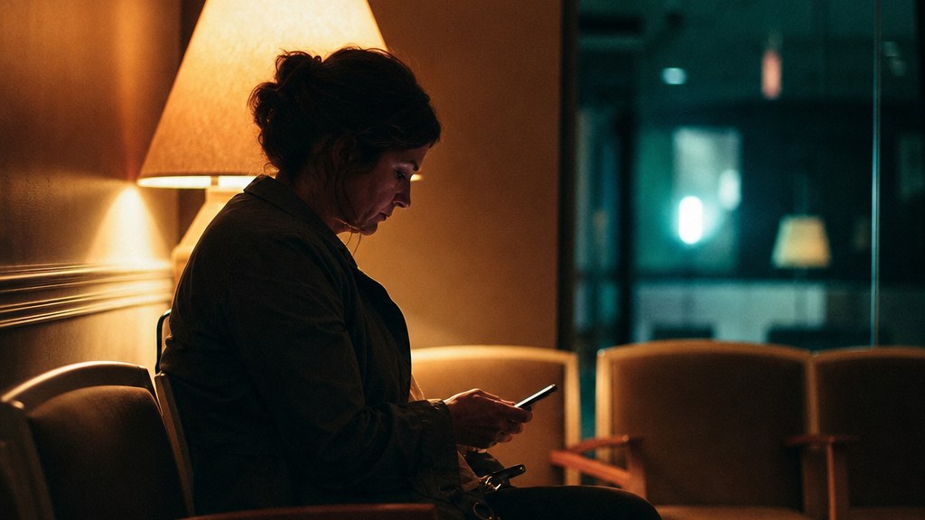 Woman reading her phone alone in a consultation waiting room at night