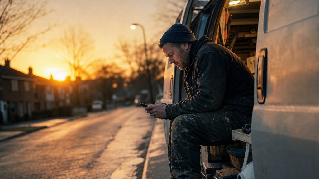 Plumber sitting in a van door at dawn checking a quote on his phone
