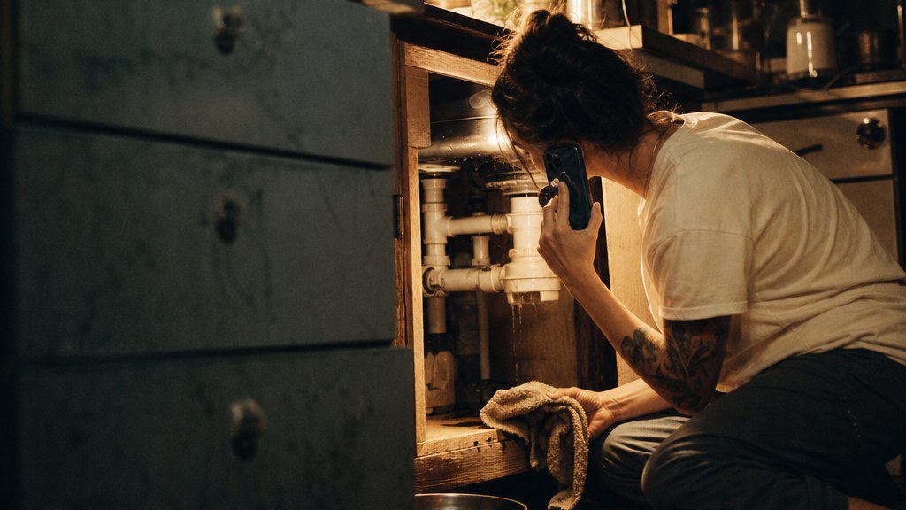 Homeowner kneeling with a towel at a leaking pipe while holding a phone
