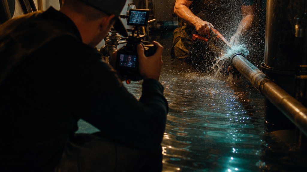 Videographer filming a plumber cutting a burst pipe in a flooded utility room