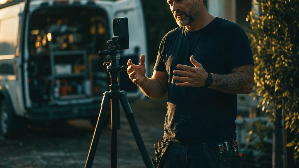 Plumbing company owner speaking to a phone on a tripod in his yard at golden hour