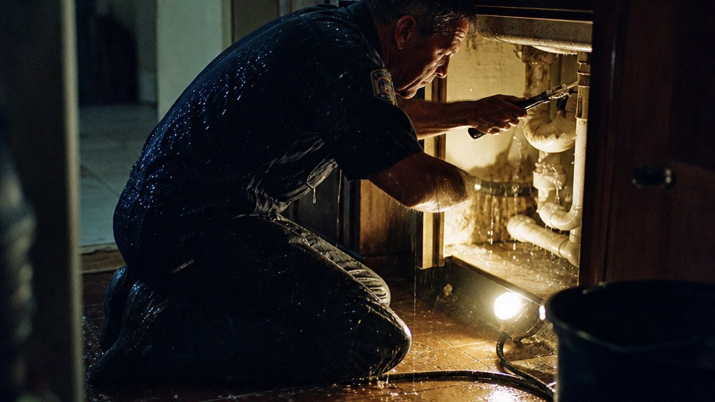 Plumber kneeling on a wet kitchen floor at night inspecting a dripping pipe by torchlight