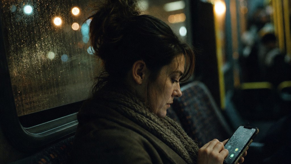 Woman on a night bus tapping a call button on a cracked phone screen