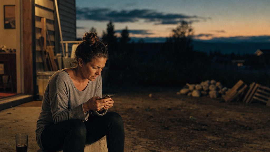Homeowner sitting on a bare patio step at dusk looking at her phone above an empty lawn