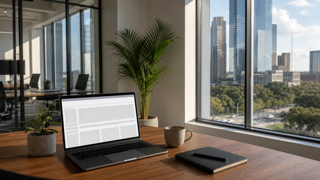Editorial photograph of an empty modern marketing agency workspace in a Houston office with a laptop showing a blank dashboard, a notebook and a ceramic mug on a walnut desk, pale walls and glass partitions, tall windows onto glass towers, live oaks and a humid bright sky, and a potted palm, lit by warm Gulf Coast morning light