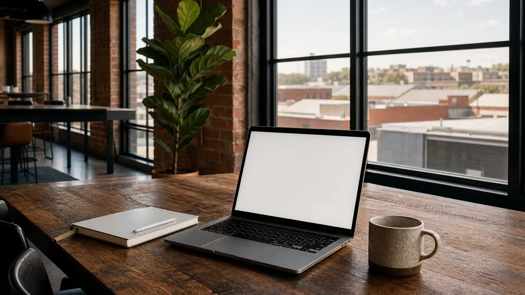 Editorial photograph of an empty Kansas City brick loft studio with a laptop showing a blank document, a notebook and a stoneware mug on a reclaimed oak desk, exposed brick and black steel windows onto low warehouse rooftops, and a potted fiddle leaf fig, lit by soft Midwestern afternoon light
