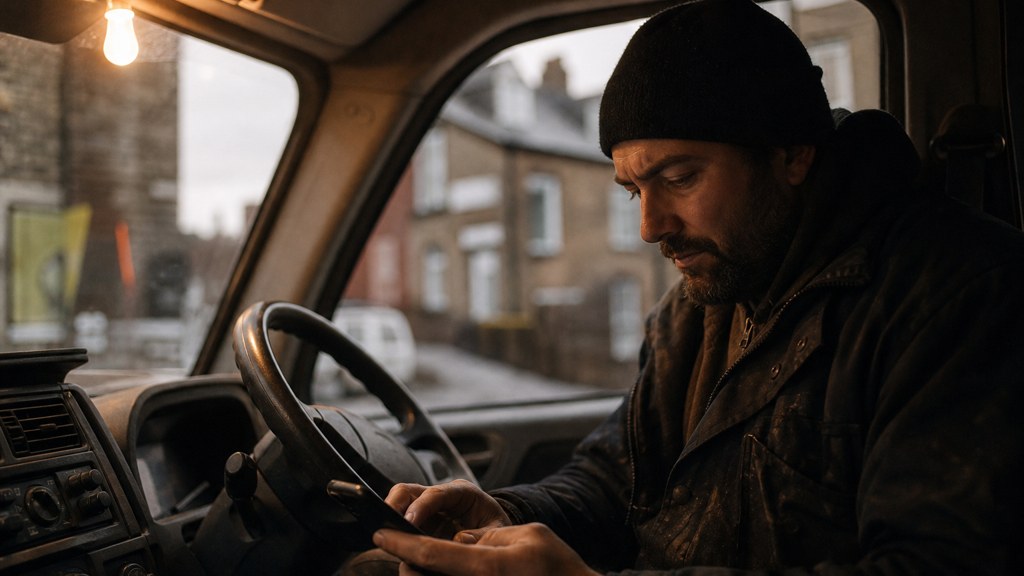 A contractor sitting in the cab of a work van reviewing a phone before driving off, photographed in Sheffield