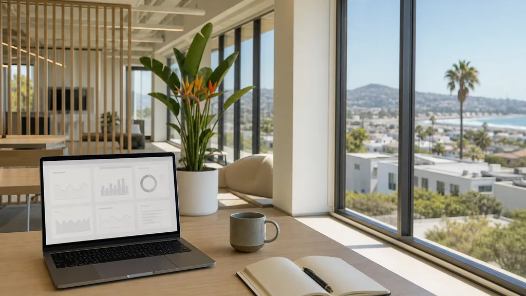 Editorial photograph of an empty San Diego coastal agency office with a laptop showing a blank dashboard, a notebook and a stoneware mug on a pale oak desk, white walls and blond wood slats, tall windows onto palms, low white buildings and dry hills, and a potted bird of paradise, lit by bright clear coastal morning light