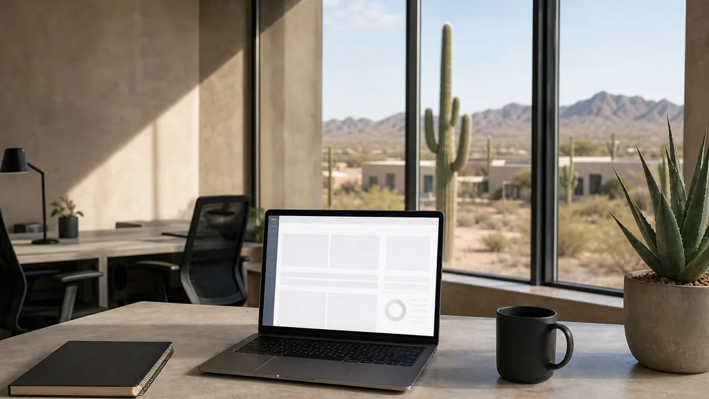 Editorial photograph of an empty Phoenix desert agency office with a laptop showing a blank dashboard, a notebook and a matte mug on a light concrete desk, warm plaster walls, tall windows onto saguaro cactus, low buildings and bare mountains, and a potted agave, lit by hard bright desert morning light
