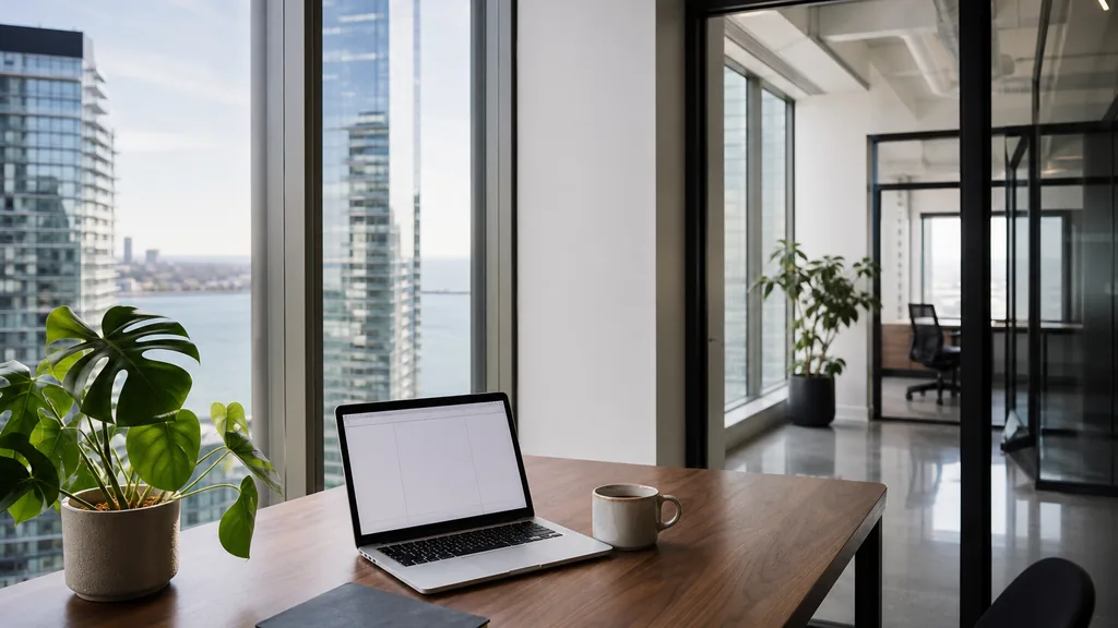 Editorial photograph of an empty Toronto agency studio with a laptop showing a blank dashboard, a notebook and a ceramic mug on a walnut desk, white walls and black framed glass, tall windows onto glass condominium towers and a broad waterfront, and a potted monstera, lit by crisp clear morning light