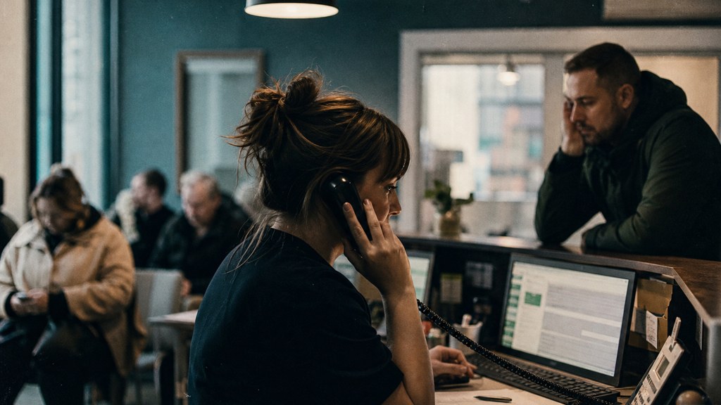 A clinic receptionist taking a phone call at a busy front desk with patients waiting, photographed in Sheffield
