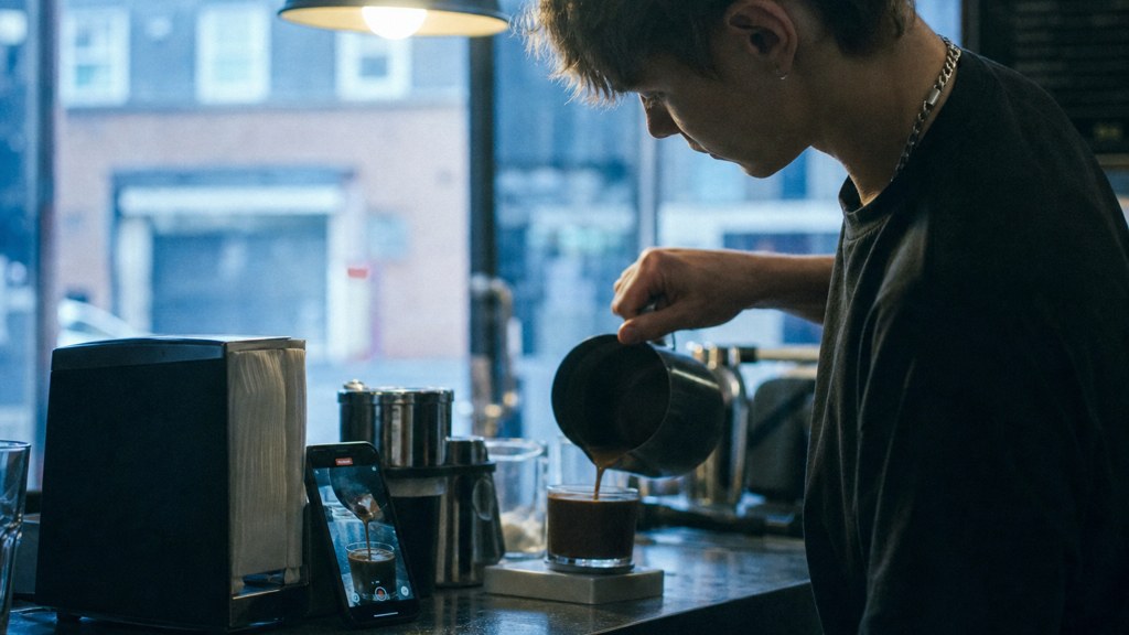 A young cafe worker filming a drink being poured on a phone propped against a napkin holder, photographed in Sheffield