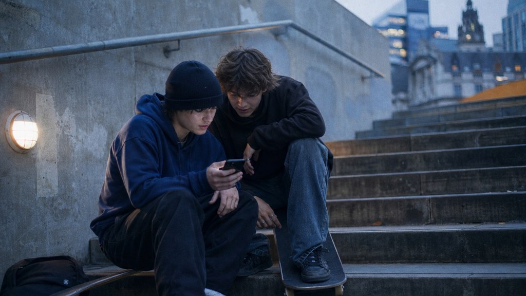 Two teenagers on skateboards looking at a phone on a set of concrete steps, photographed in Sheffield