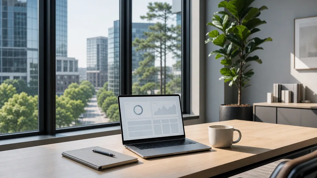 Editorial photograph of an empty modern paid search agency workspace in an Atlanta high-rise office with a laptop showing a blank dashboard, a notebook and a coffee cup on a dark walnut desk, floor-to-ceiling glass and green treetops beyond, lit by soft southern morning light