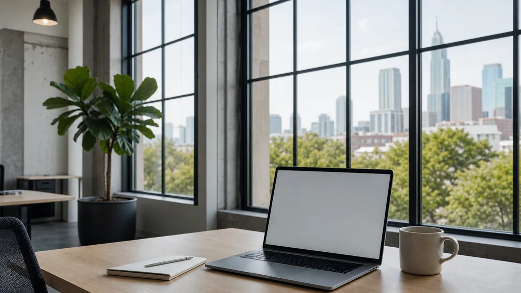 Editorial photograph of an empty modern paid search agency workspace in an Austin warehouse-conversion studio with a laptop showing a blank screen, a notebook and a cold brew on a pale oak desk, exposed brick, black steel windows and a potted plant, lit by bright Texas morning light