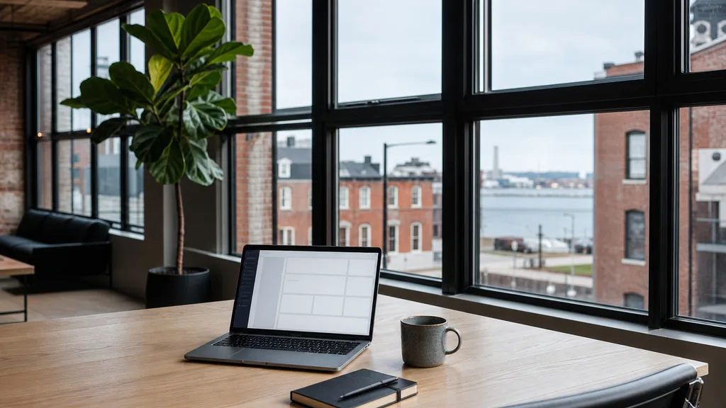 Editorial photograph of an empty modern paid search agency workspace in a Baltimore rowhouse office with a laptop showing a blank dashboard, a notebook and a ceramic mug on a wooden desk, painted brick, tall sash windows and harbour light outside, lit by cool overcast morning light