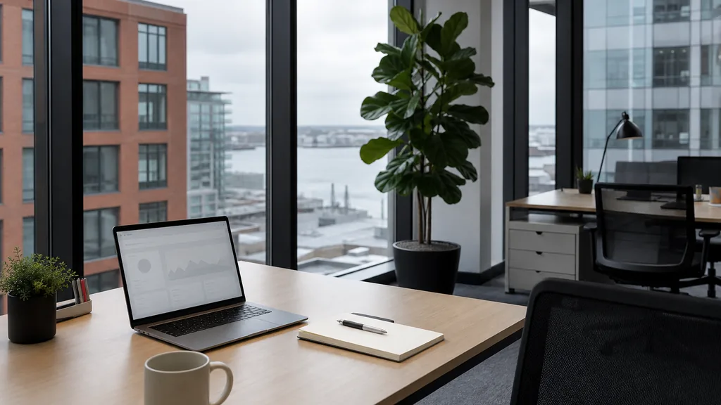 Editorial photograph of an empty modern paid search agency workspace in a Boston brick-and-beam office with a laptop showing a blank dashboard, a notebook and a coffee cup on a maple desk, exposed timber columns and arched windows, lit by crisp New England morning light