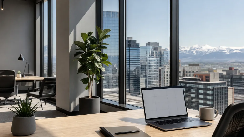 Editorial photograph of an empty modern paid search agency workspace in a Calgary Beltline office with a laptop showing a blank screen, a notebook and a mug on a light birch desk, white walls, a black-framed window and prairie sky beyond, lit by clear cold northern daylight