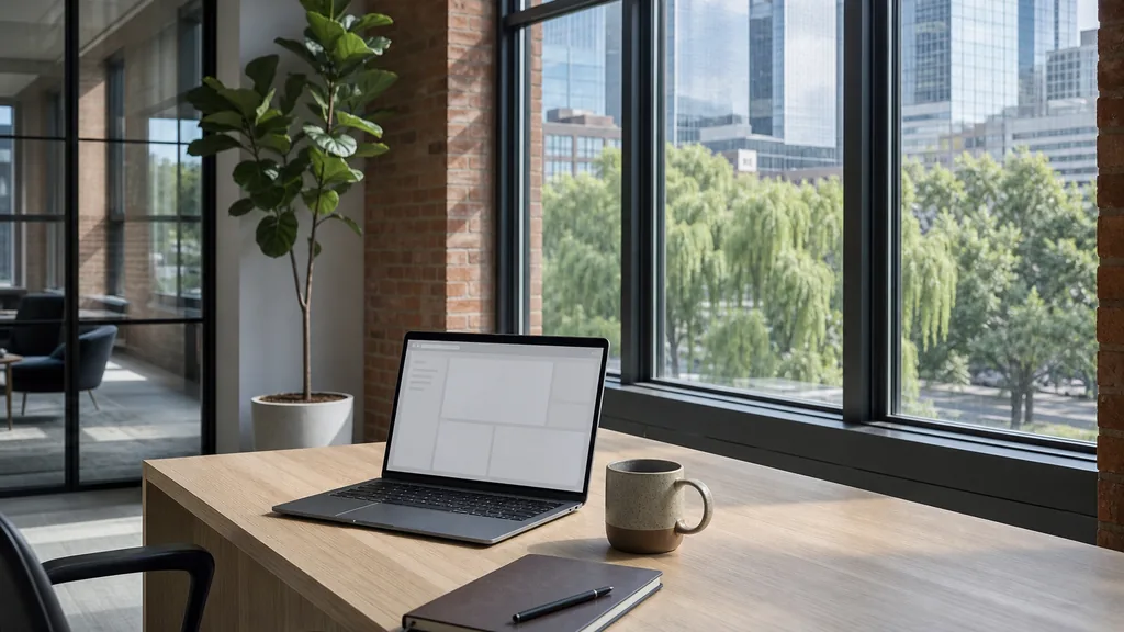 Editorial photograph of an empty modern paid search agency workspace in a Charlotte uptown office with a laptop showing a blank dashboard, a notebook and a coffee cup on a walnut desk, glass partitions and skyline beyond, lit by warm Carolina morning light