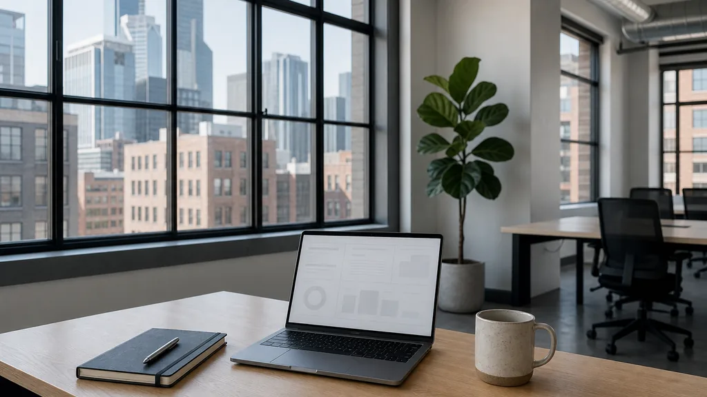 Editorial photograph of an empty modern paid search agency workspace in a Chicago Fulton Market loft office with a laptop showing a blank dashboard, a notebook and a mug on a reclaimed timber desk, exposed brick and industrial windows, lit by pale midwestern winter light