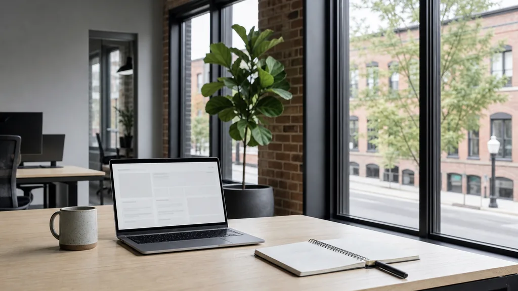 Editorial photograph of an empty modern paid search agency workspace in a Columbus Short North studio with a laptop showing a blank screen, a notebook and a ceramic mug on an oak desk, white brick walls and a plant, lit by clear midwestern autumn daylight