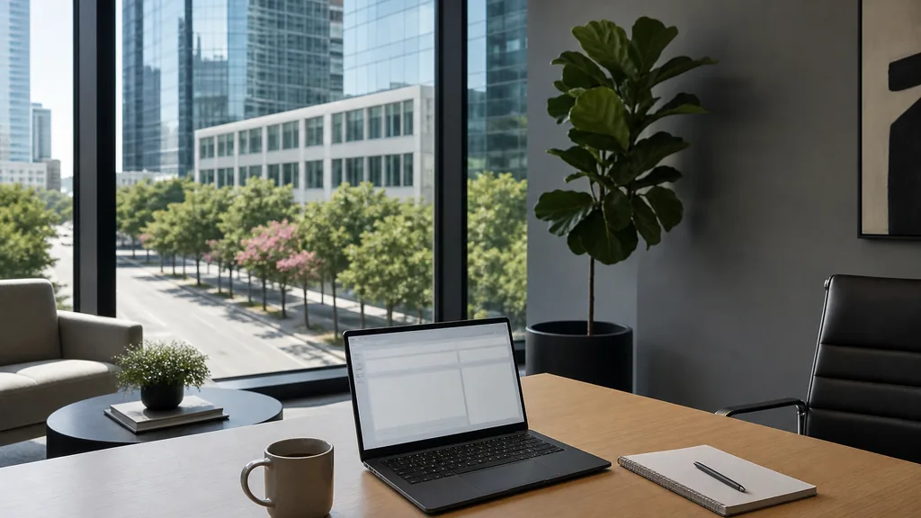 Editorial photograph of an empty modern paid search agency workspace in a Dallas Uptown office with a laptop showing a blank dashboard, a notebook and a coffee cup on a dark oak desk, floor-to-ceiling glass and bright sky beyond, lit by strong Texas morning light