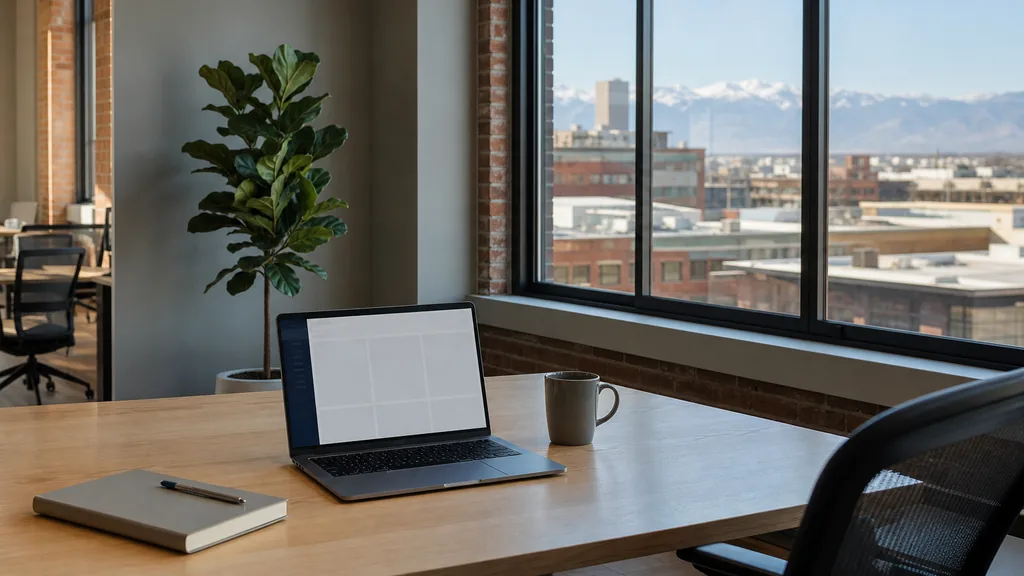 Editorial photograph of an empty modern paid search agency workspace in a Denver RiNo brick office with a laptop showing a blank dashboard, a notebook and a mug on a pale timber desk, exposed brick, black steel frames and mountain light through the window, lit by sharp high-altitude morning light