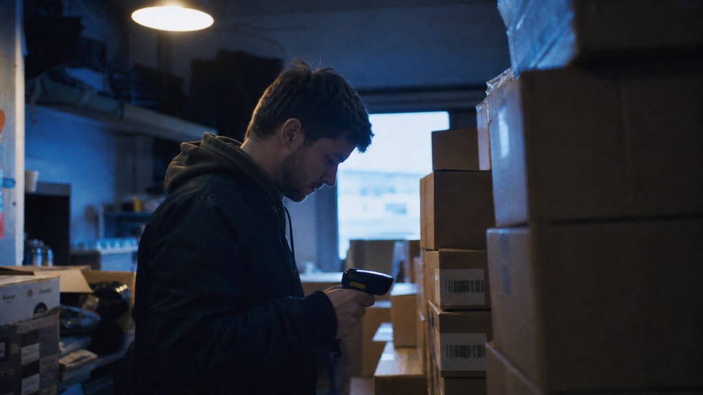 A seller checking barcodes on stacked cartons in a garage stockroom, photographed in Sheffield