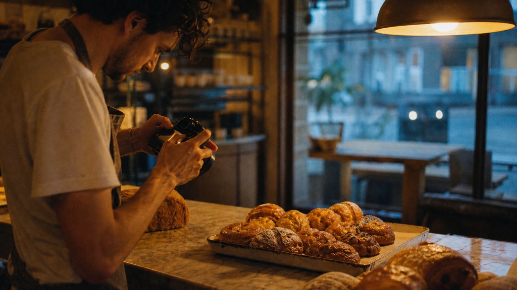 A bakery owner photographing a tray of pastries on a marble counter at dawn, photographed in Sheffield