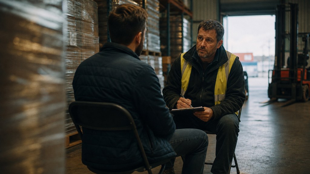 A warehouse supervisor interviewing a candidate on folding chairs beside stacked pallets, photographed in Sheffield