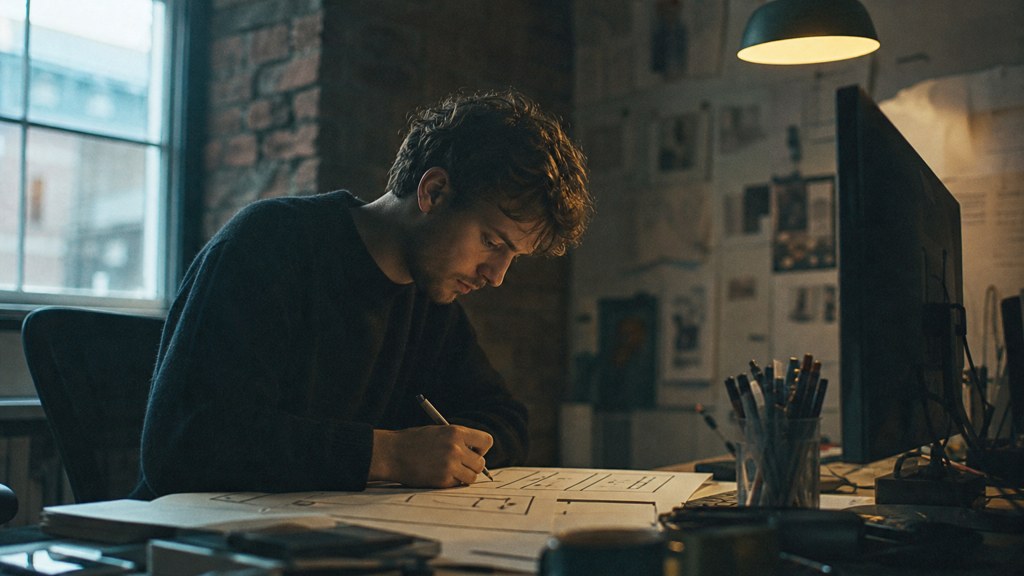 A studio designer sketching a page layout on paper beside a monitor in a dim room, photographed in Sheffield