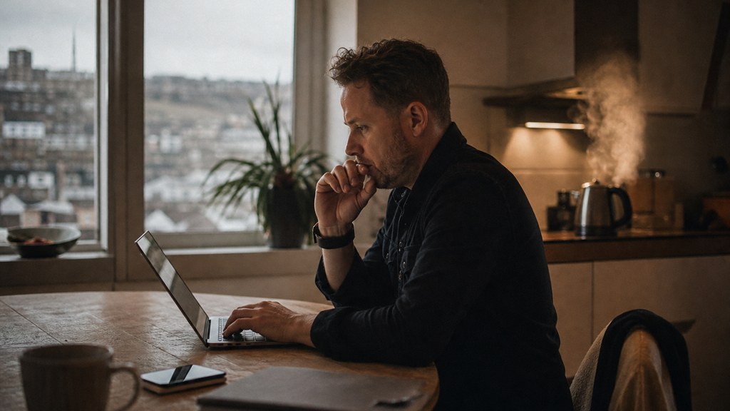 A service-business owner at a kitchen table typing a question into a laptop while a kettle steams behind, photographed in Sheffield
