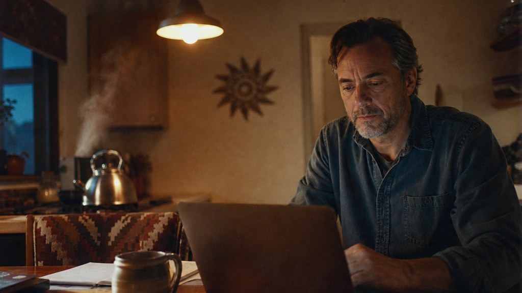 A service-business owner at a kitchen table typing a question into a laptop while a kettle steams behind, photographed in Albuquerque