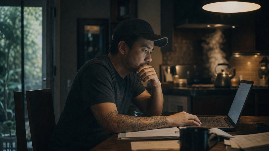A service-business owner at a kitchen table typing a question into a laptop while a kettle steams behind, photographed in Anaheim