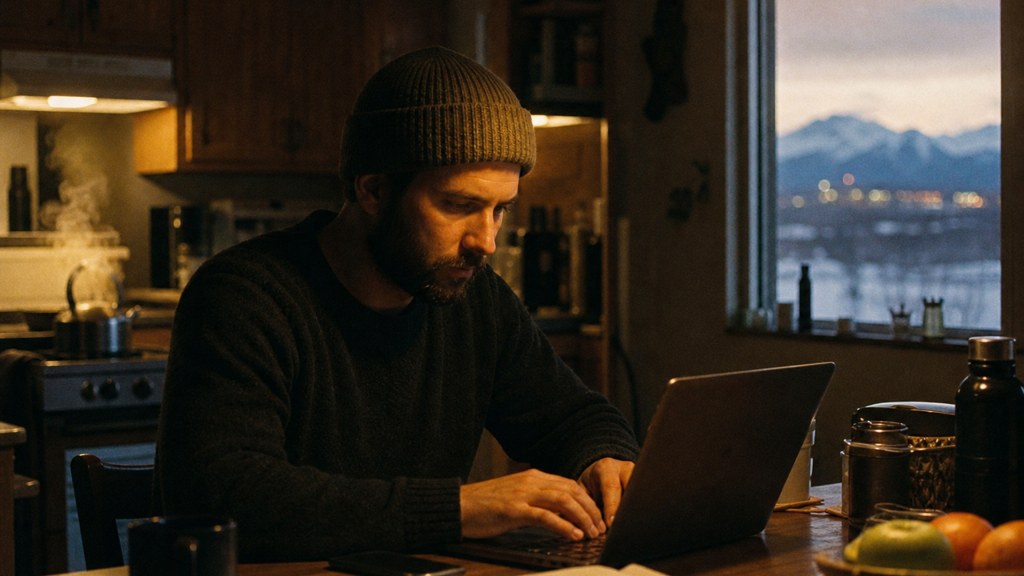A service-business owner at a kitchen table typing a question into a laptop while a kettle steams behind, photographed in Anchorage