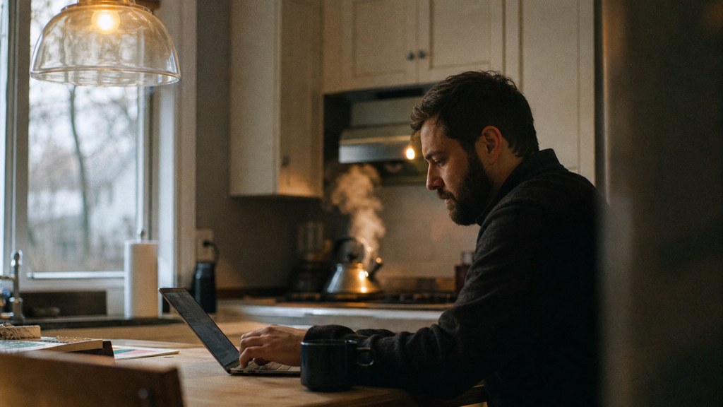 A service-business owner at a kitchen table typing a question into a laptop while a kettle steams behind, photographed in Arlington