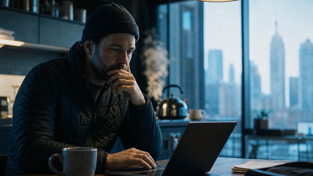 A service-business owner at a kitchen table typing a question into a laptop while a kettle steams behind, photographed in Atlanta