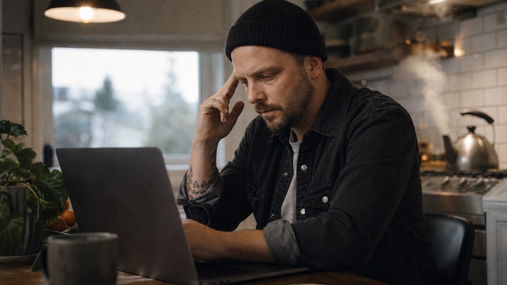 A service-business owner at a kitchen table typing a question into a laptop while a kettle steams behind, photographed in Aurora