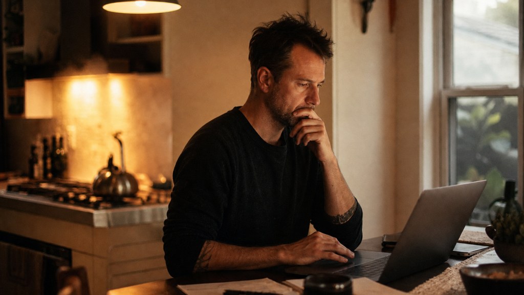 A service-business owner at a kitchen table typing a question into a laptop while a kettle steams behind, photographed in Austin