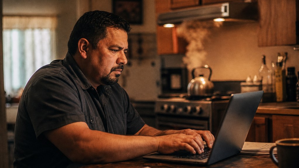 A service-business owner at a kitchen table typing a question into a laptop while a kettle steams behind, photographed in Bakersfield