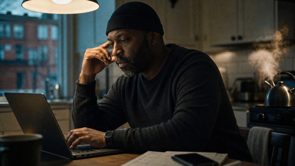 A service-business owner at a kitchen table typing a question into a laptop while a kettle steams behind, photographed in Baltimore